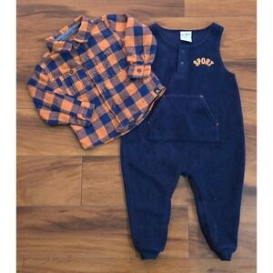 Kenneth Cole Okie Dokie Toddler Boys Plaid Flannel Shirt Fleece Romper Set 24M